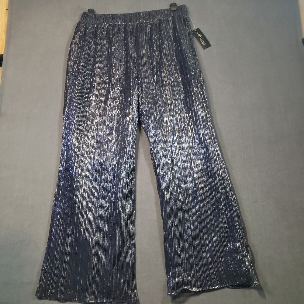 JM Studio Plissé Wide Leg Pants Womens L Navy Silver Metallic Pleated 1J7819P